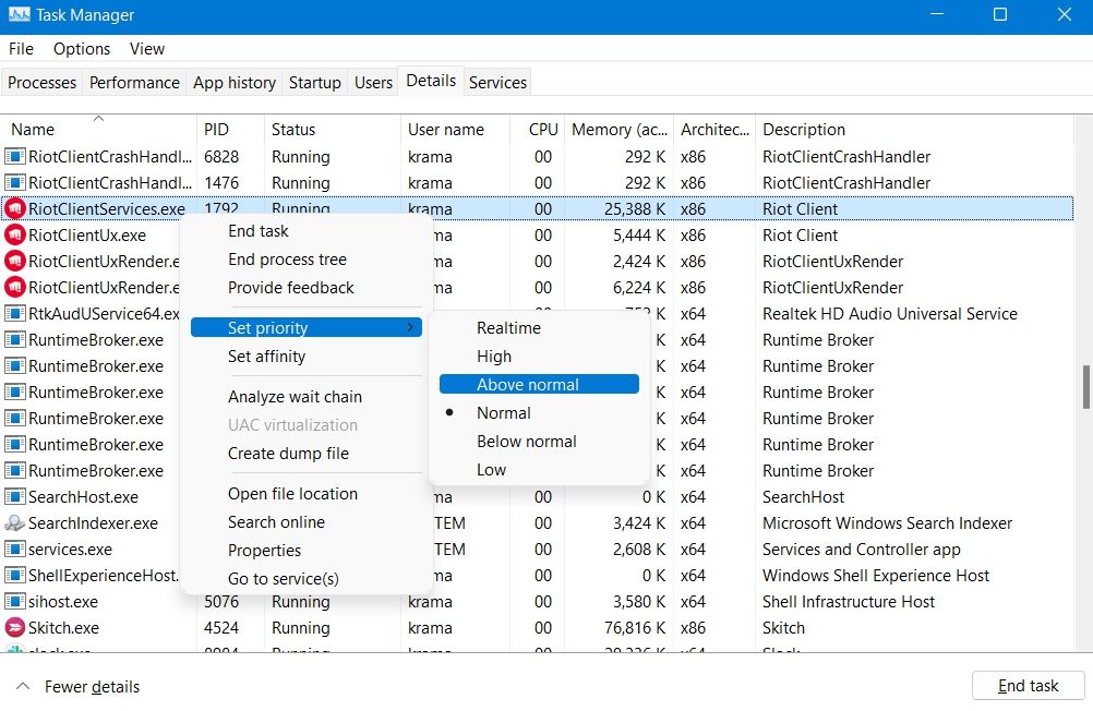 Task Manager Detail tab 