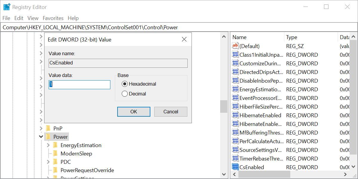 Windows 10 Registry Editor CsEnabled