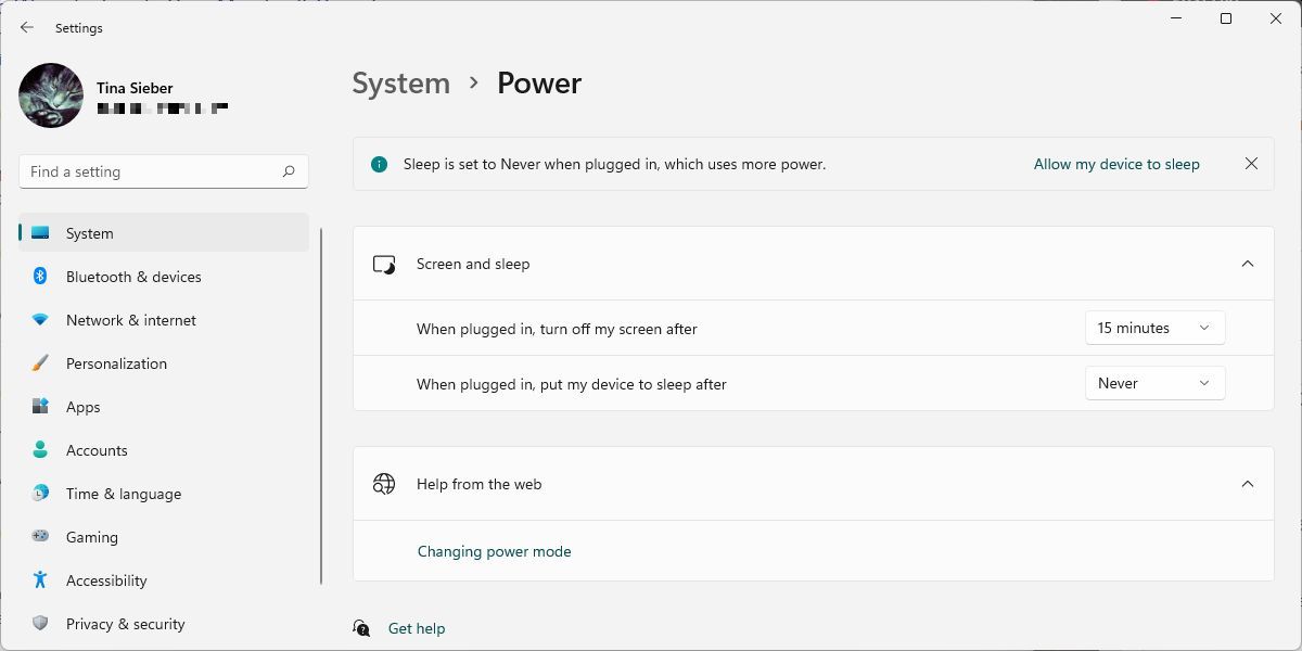 Windows 11 System Power Screen and Sleep