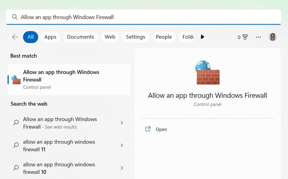 Allow an app through Windows Firewall in Windows Search