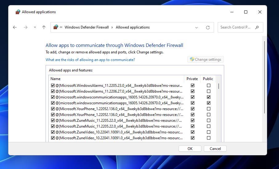 The allow app list for Windows Defender Firewall 