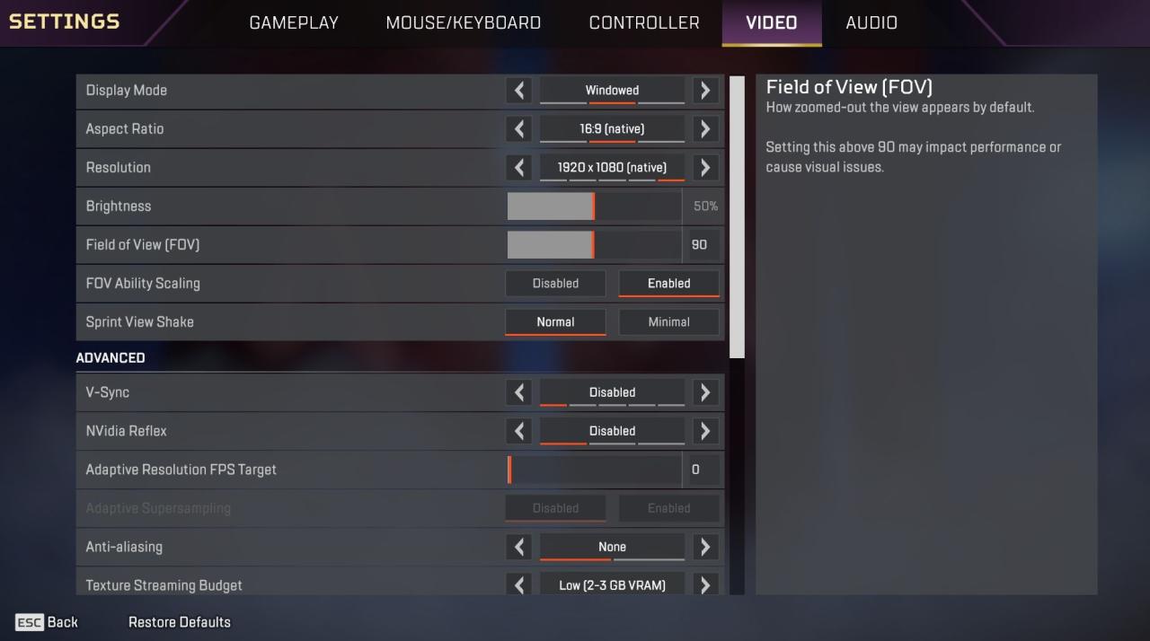 Apex Legends Settings page