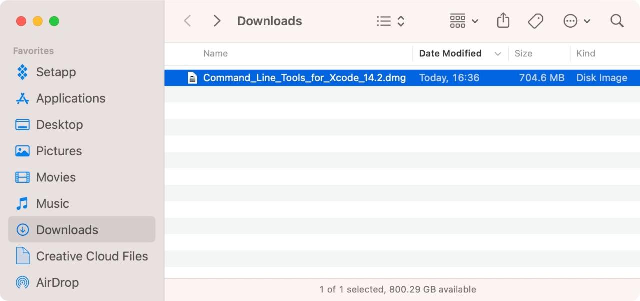 The Xcode Command Line Tools disk image selected in the Finder