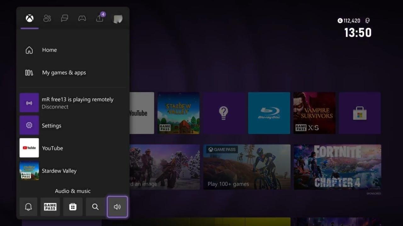 A screenshot of the Xbox Series X Guide menu with Audio and Music highlighted. 