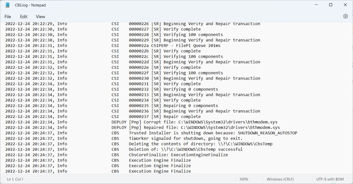 cbs log file on Windows that has been opened in Notepad with the SR tag part showing