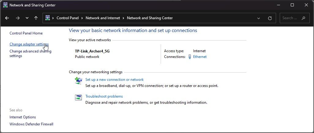 change adapter settings network and sharing center control panel