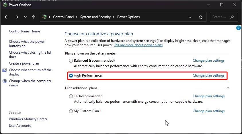 change plan settings control panel