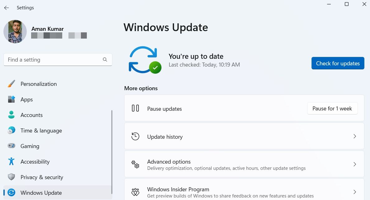 Check for Updates Option in Windows Settings