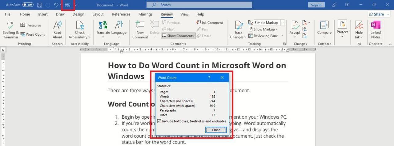 Check Word Count from Quick Access Toolbar