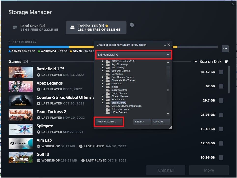 Choosing a steam library folder location