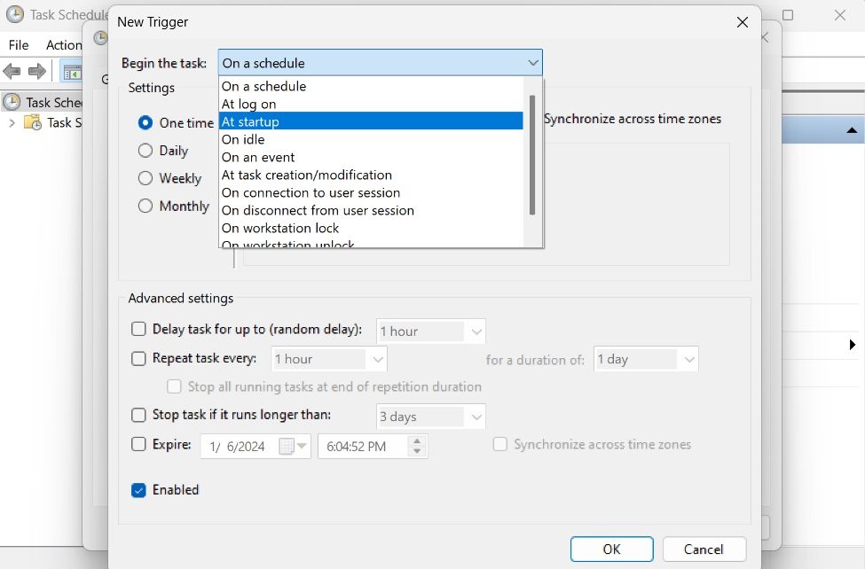 Choosing At startup option in Task Scheduler