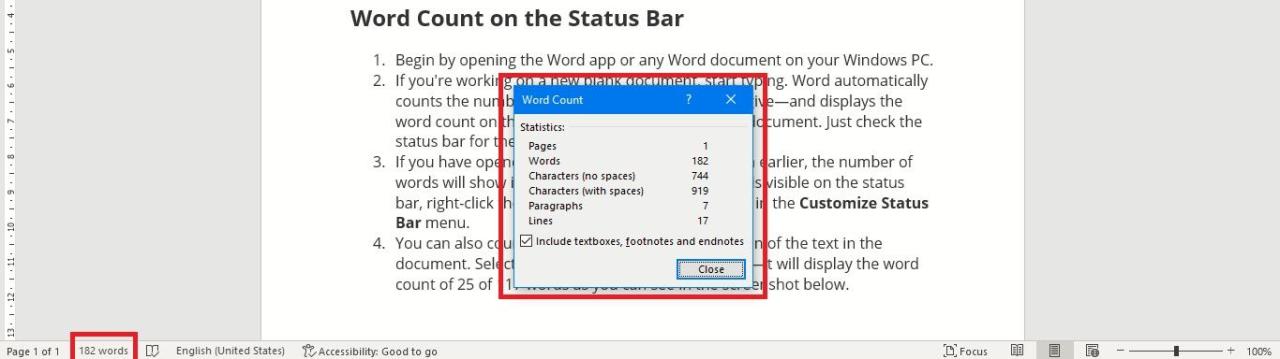 Word Count Box Open on Word Document