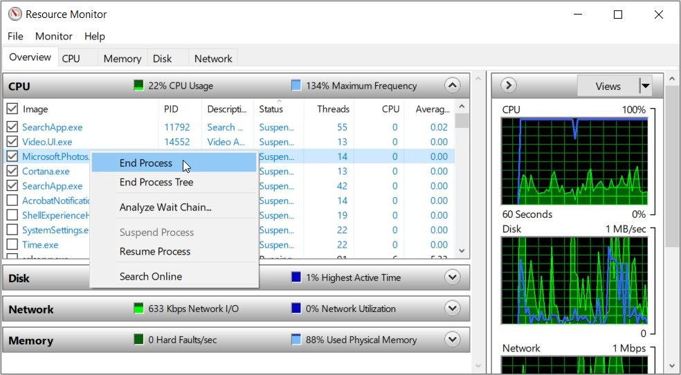 Closing multiple apps using the Resource Monitor