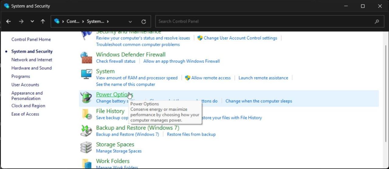 control panel power options