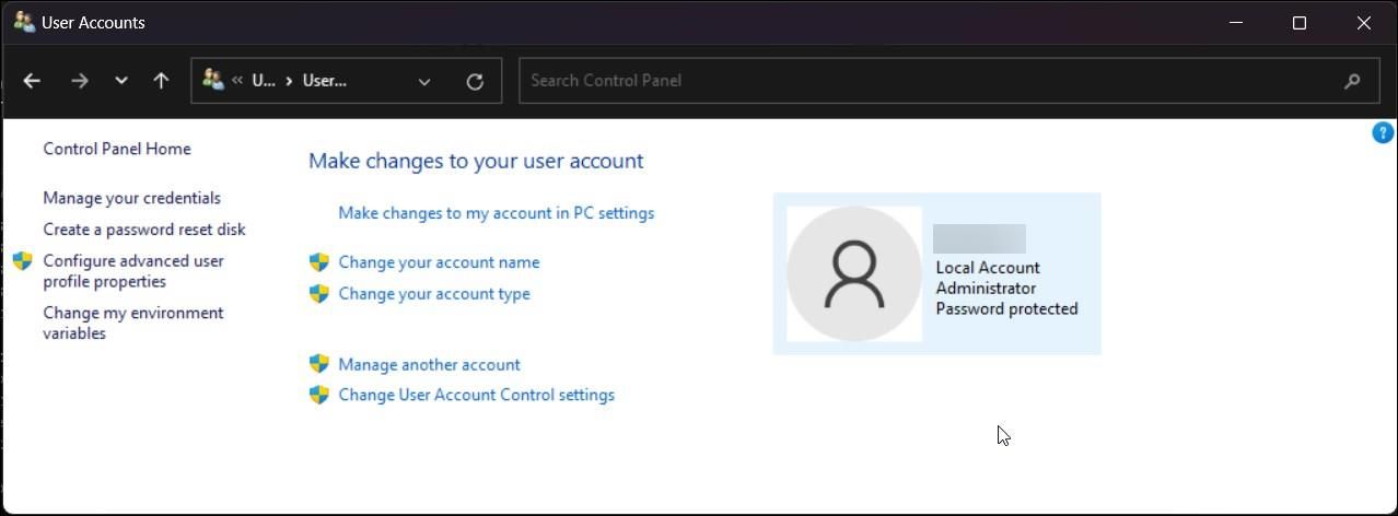 control panel user account type