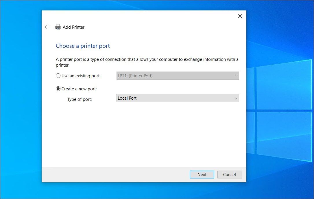 create new port local port add printer