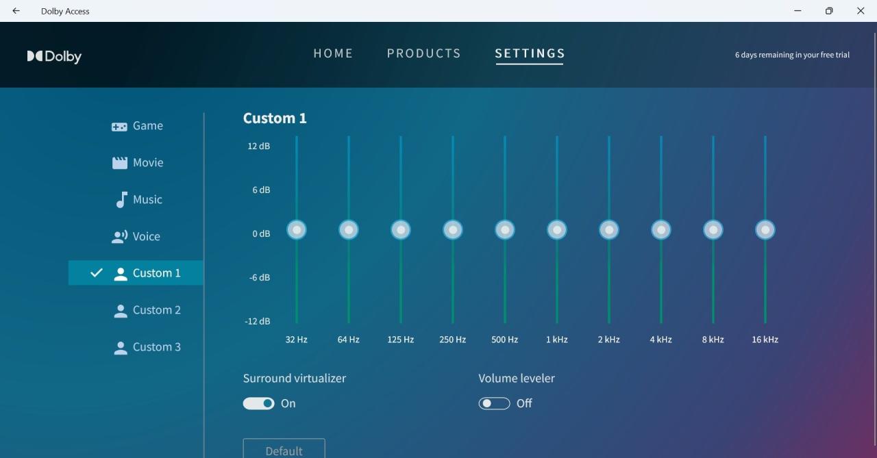 Dolby Atmos Graphics Equalizer Settings Page