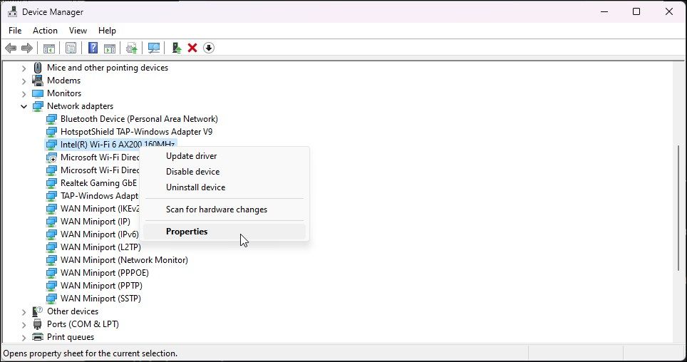 device manager network driver properties