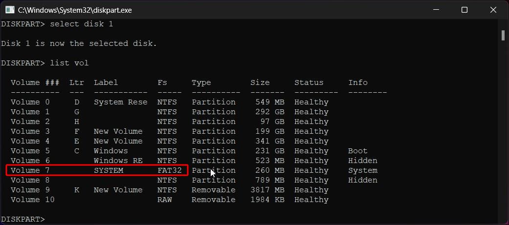 diskpart list volume efi fat32