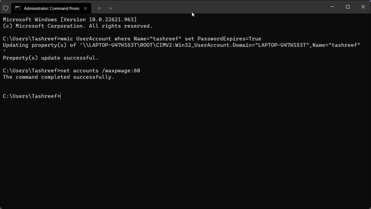 enable password expiration local user account command prompt