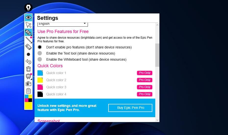 The options for enabling Epic Pen Pro features