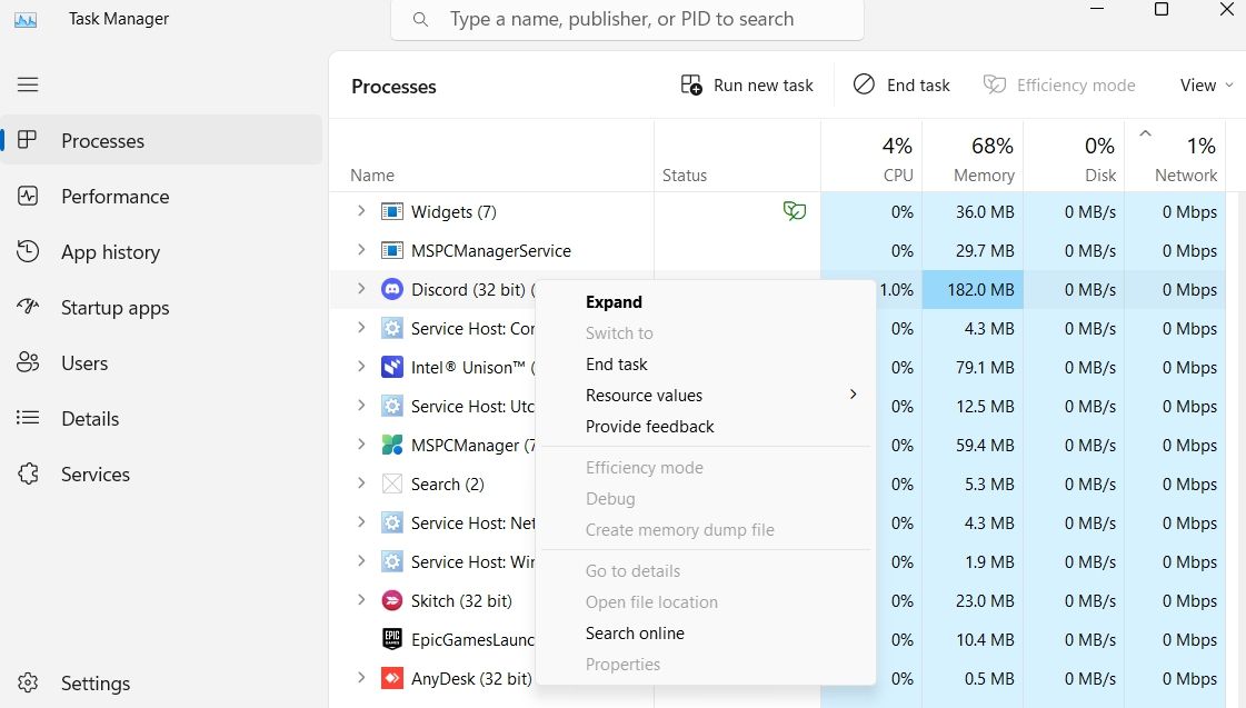 End task option in the Task Manager