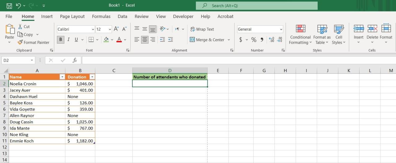 A sample spreadsheet in Excel