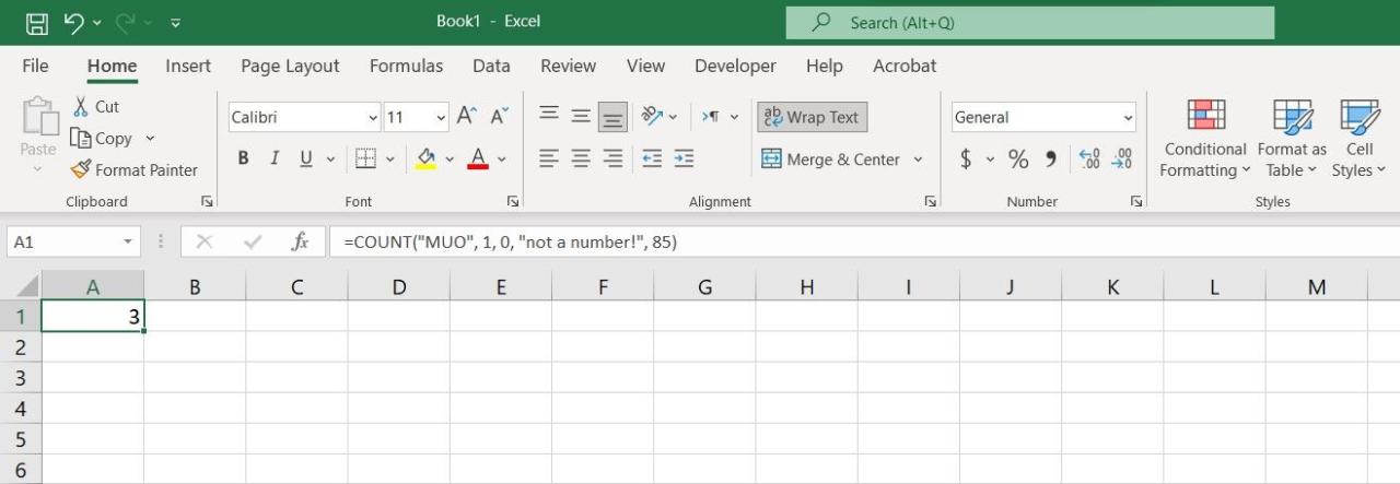 Basic example of the COUNT function in Excel