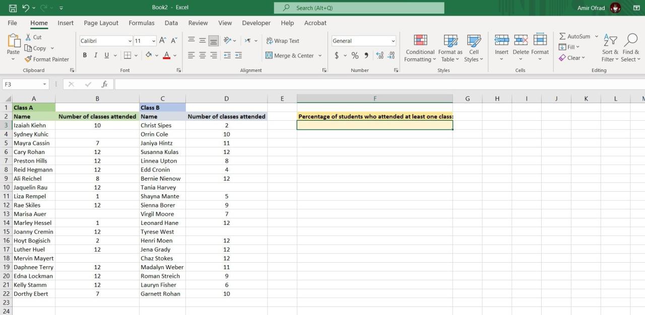 Sample spreadsheet in Excel