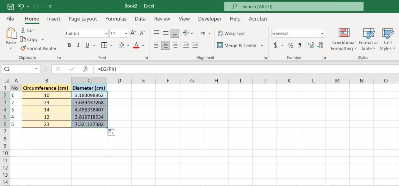 Calculating the diameter of a circle using the PI function in Excel