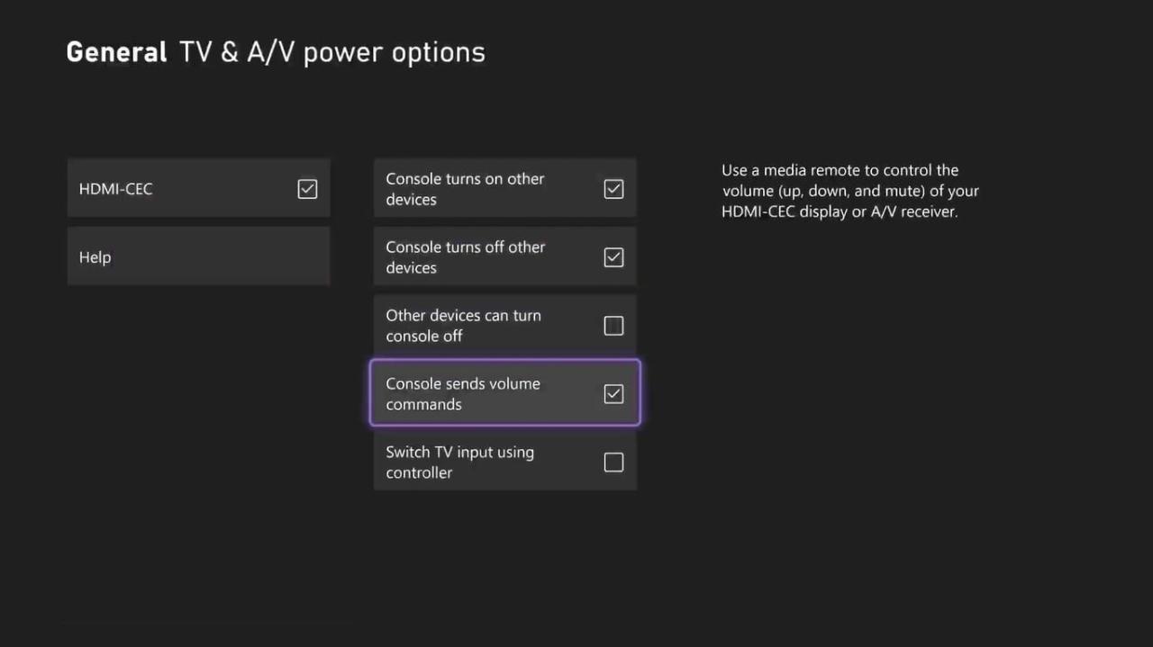 A screenshot of the settings for Device Control on Xbox Series X with HDMI CEC settings highlighted 