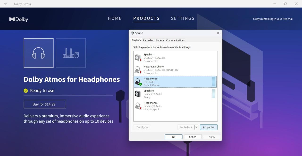 Sound Settings with Headphones as Default Device