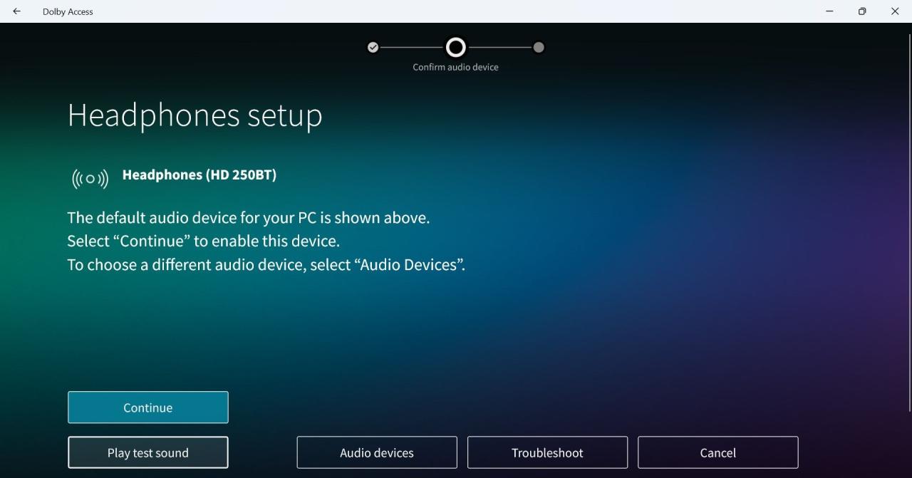 Headphones Setup Screen on Dolby Access