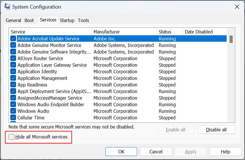 hide all microsoft services