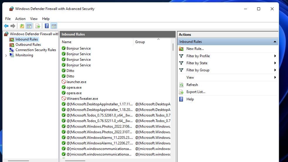 Inbound rules in Windows Defender Firewall with Advanced Security 