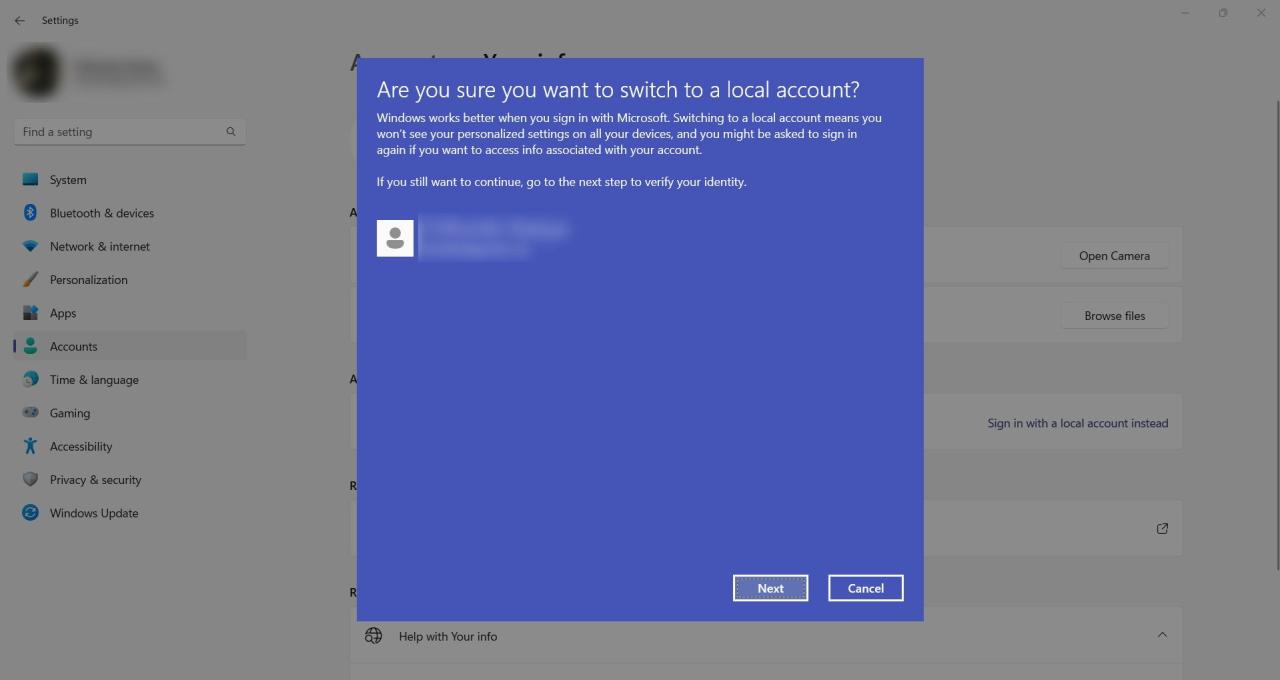 the prompt to confirm you want to continue signing in to a local account on Windows