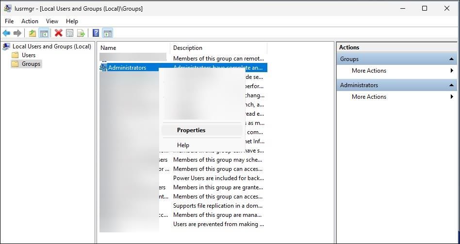 local users groups administrator properties