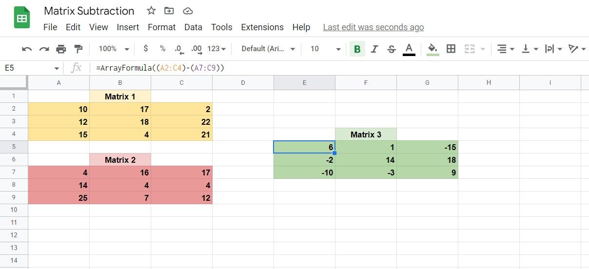 Two matrices subtracted in Google Sheets