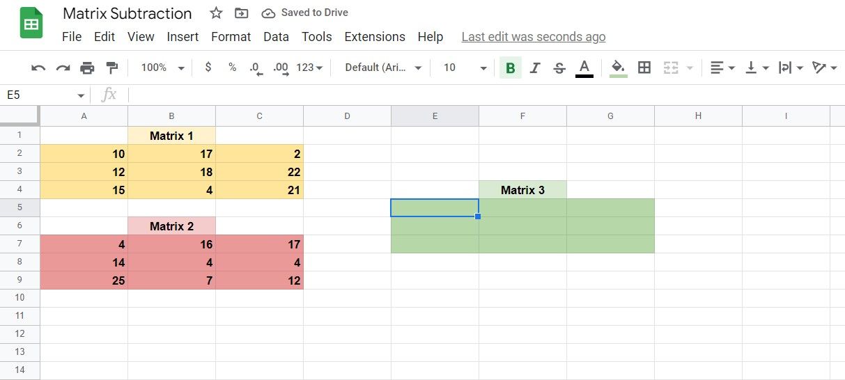 Two matrices awaiting subtraction in Google Sheets