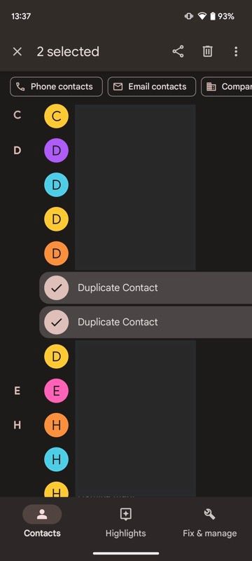 selecting duplicate contacts in Google Contacts