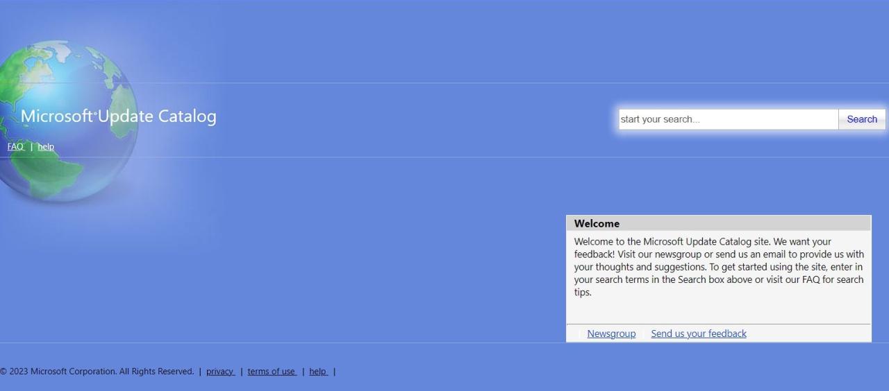 Home screen of Microsoft Update Catalog