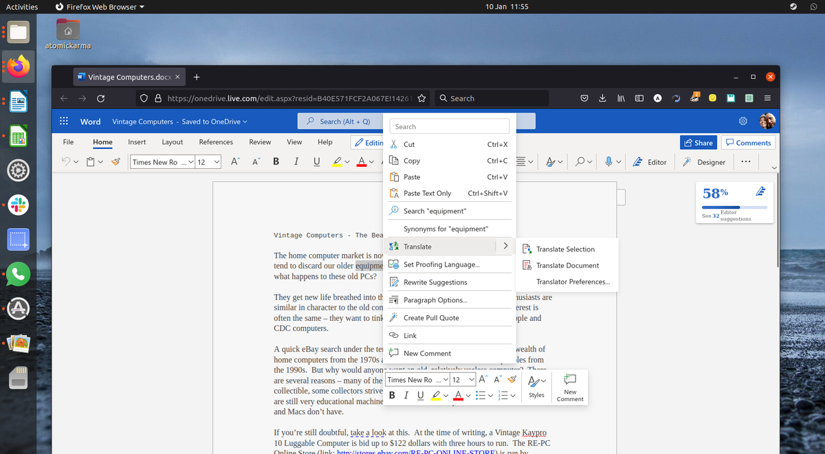 Using Microsoft Word in a browser on Ubuntu