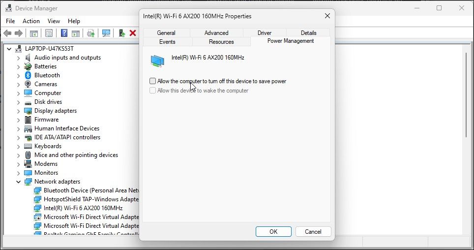 network adapter power management options