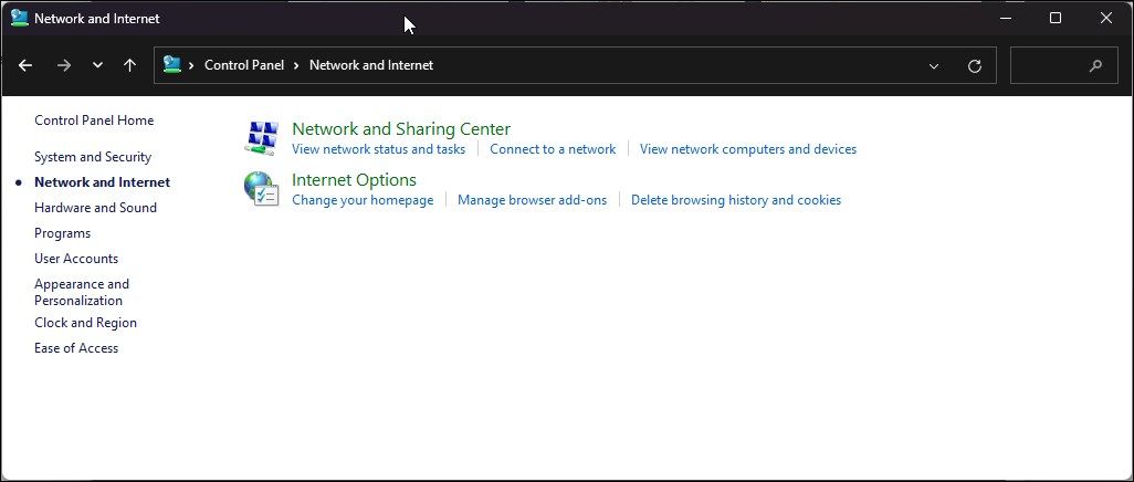 network and sharing center control panel