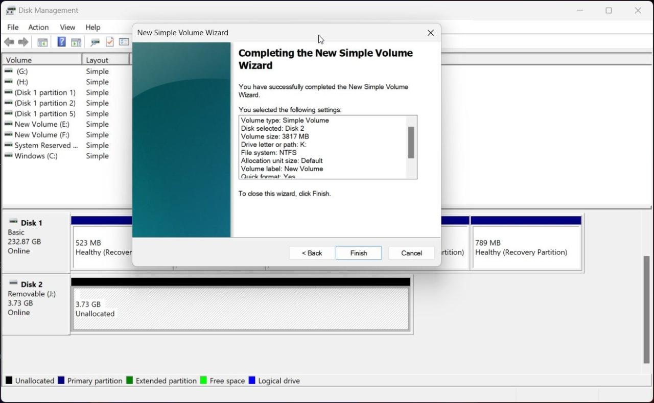 new simple volume format usb drive disk management