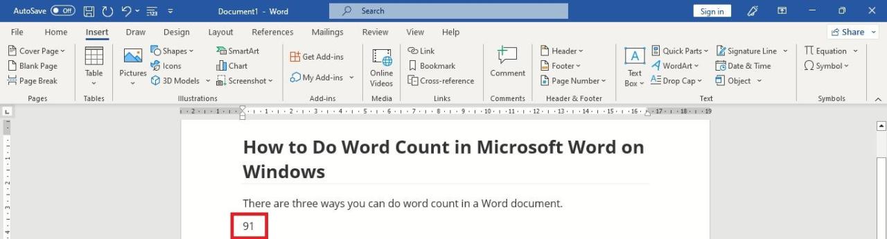 Number of Words Inserted in Document