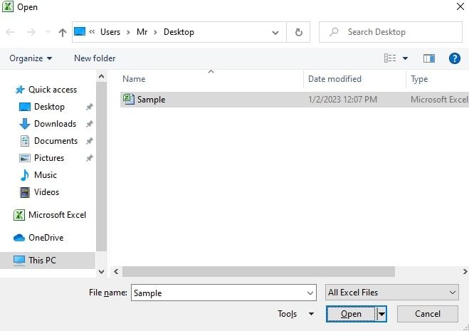 Open dialog box Excel