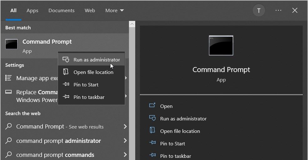 Opening the Command Prompt using the Start menu search bar