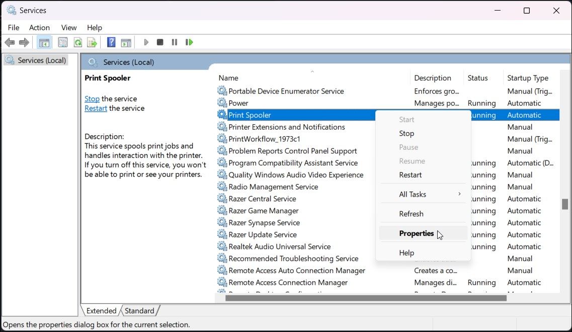 print spooler service properties