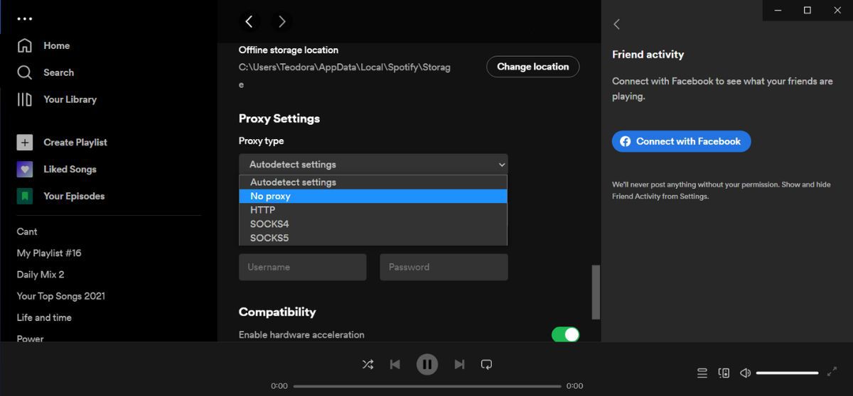 Spotify proxy settings